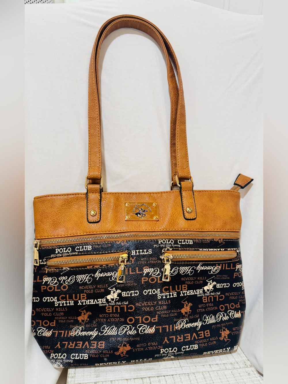 Beverly Hills Polo Club Brown Logo Print Shoulder Tote Handbag